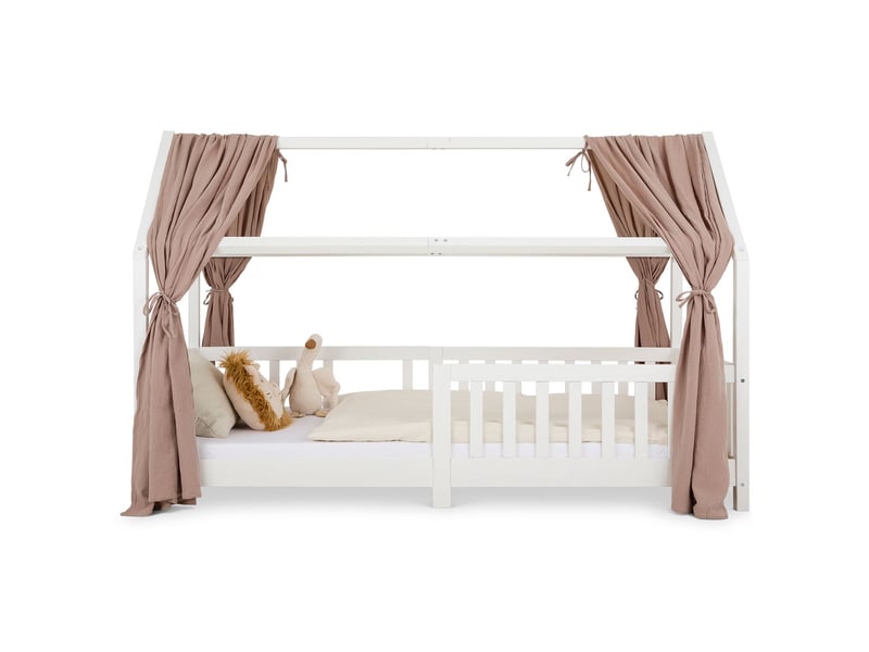 Rideau De Lit Cabane Avec Pompons - Mousseline Coton 125x390 Cm Rose, Pour Enfants, Léger Et Doux