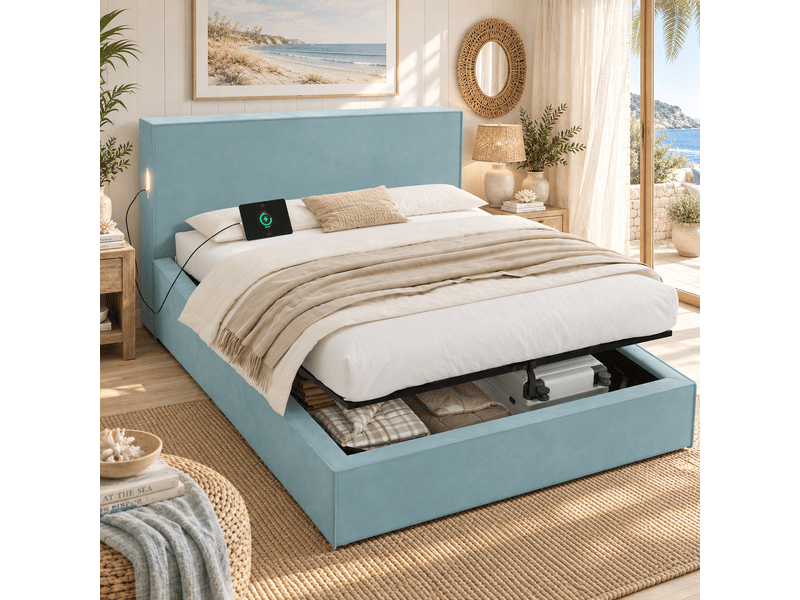  Lit coffre enfant 140x200cm avec rangement hydraulique, sommier à lattes et tête de lit rembourrée, velours, bleu  - Conforama D