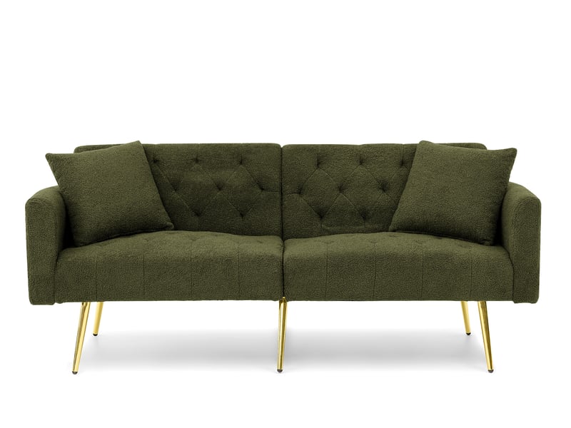 Canapé convertible 2 places avec dossier réglable à 3 positions et 2 coussins en tissu teddy vert - Conforama A