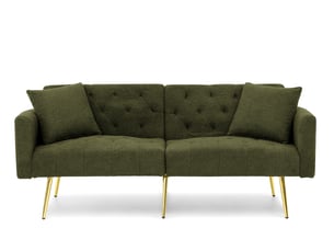 Canapé convertible 2 places avec dossier réglable à 3 positions et 2 coussins en tissu teddy vert