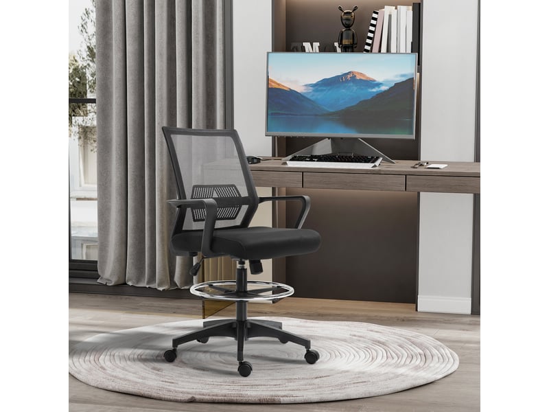  Chaise de bureau réglable en hauteur avec repose-pieds, dossier en maille, roulettes, plastique, noire  - Conforama C
