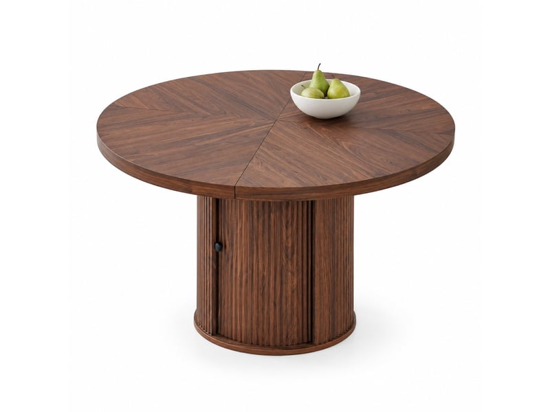  Table à manger ronde avec rangement, mdf couleur noyer, diamètre 115 cm, 4 à 6 personnes  - Conforama A