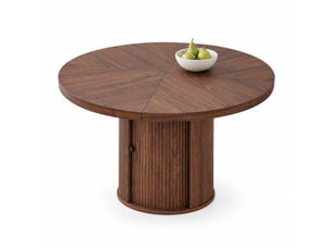 Table à manger ronde avec rangement, mdf couleur noyer, diamètre 115 cm, 4 à 6 personnes
