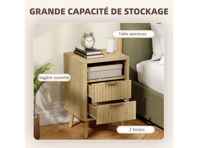  Lot de 2 tables de chevet, tables de nuit avec 2 tiroirs et compartiment ouvert, coins arrondis, chêne, 40 x 40 x 61 cm  - Conforama A