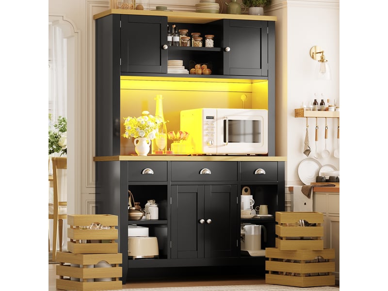  Armoire colonne led rgb 120x40x188 cm avec portes soft close, étagères réglables, paniers amovibles, plateau effet bois, anti-basculement, noir  - Conforama B