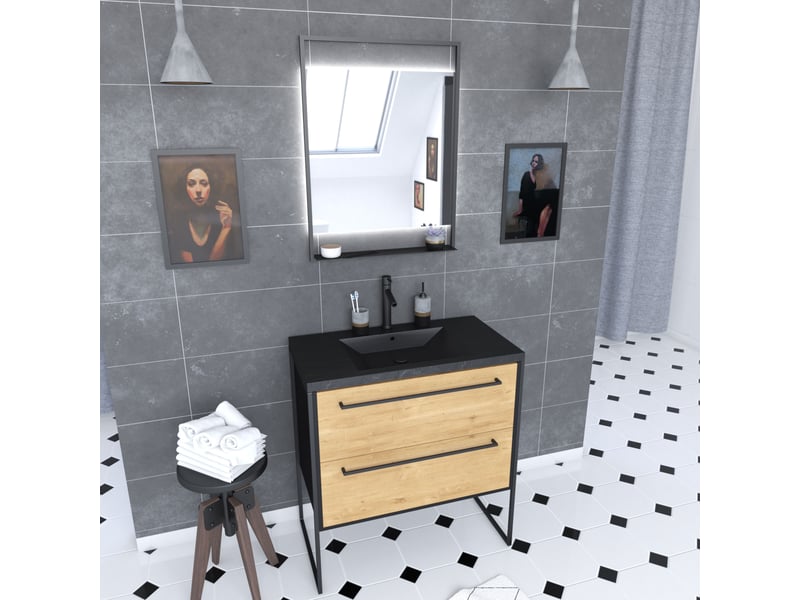  Pack meuble de salle de bain 80x50 cm noir mat - 2 tiroirs - vasque noir effet pierre - miroir led  - Conforama B