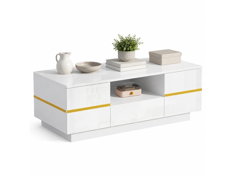  Table basse,100x50x35,5 cm,avec led, 2 portes et tiroir,mdf,blanc et doré  - Conforama A