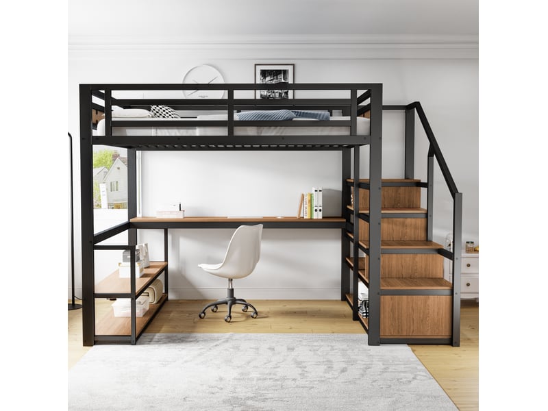  Lit mezzanine en métal 140x200 cm avec échelle de rangement, étagères et bureau noir  - Conforama E
