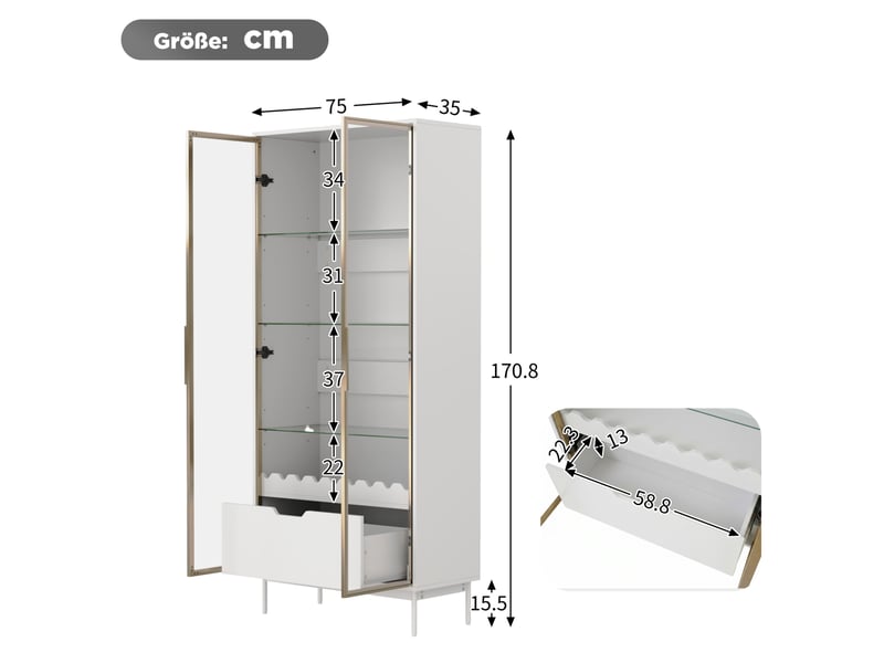  Vitrine avec porte vitrée, étagères réglables et tiroir, pieds en métal pour salon, chambre ou entrée, blanc doré  - Conforama E