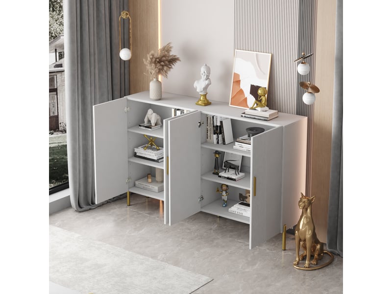 Buffet blanc et doré 4 portes, bahut moderne blanc mat 160 cm avec étagères réglables pour salle à manger et salon - Conforama D