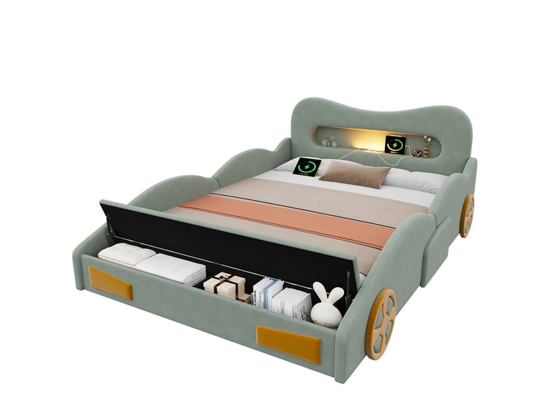  Lit avec rangement enfant 140x200 cm en velours vert, forme voiture avec liseuse  - Conforama A