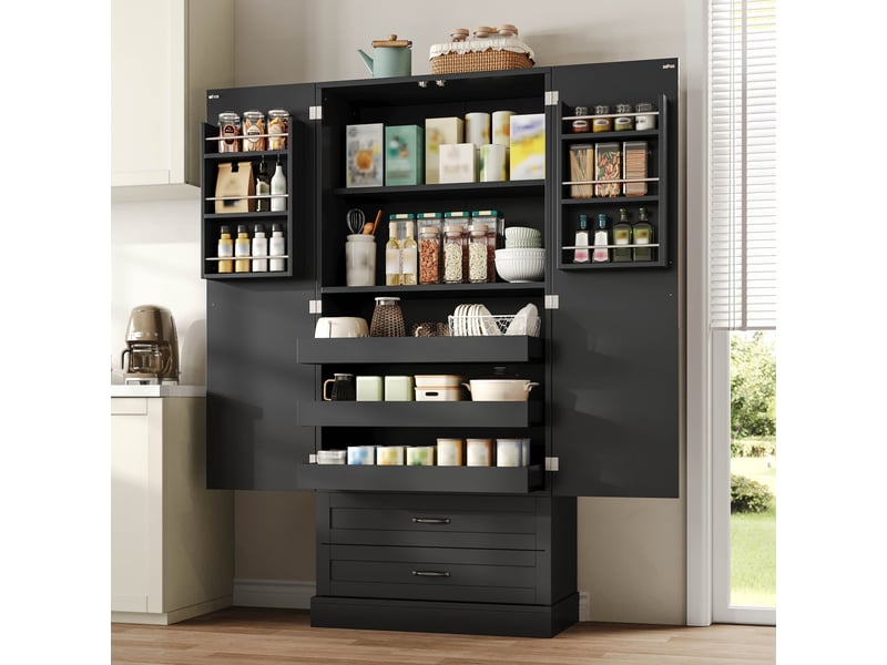  Buffet de cuisine noir 180x80x37,5 cm, meuble haut en mdf avec 2 tiroirs intégrés et étagères coulissantes pour rangement cuisine  - Conforama E