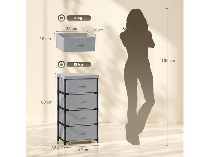  Commode 4 tiroirs 42 x 32 x 80 cm – gris et noir – cadre en acier et montage sans outil  - Conforama C