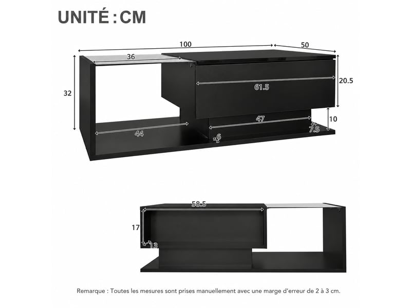 Table basse noire brillante avec éclairage led, plateau en verre, tiroir, 100 x 50 x 32 cm, noir - Conforama E