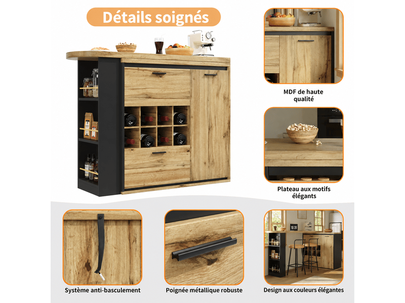  Table de bar extensible 138-220x39x105 cm, table à manger haute avec rangement, 2 tiroirs, casier à vin, étagères - mdf - effet bois  - Conforama E