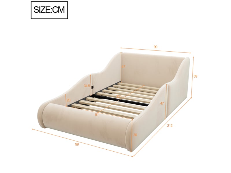  Lit jeune 1 place 90x200 cm, cadre rembourré, équipé de tête de lit haute en velours, coloris beige  - Conforama C