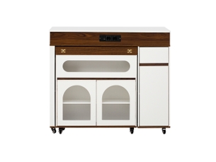 Îlot de cuisine sur roulettes avec table extensible et multiprises encastrées – verre strié, buffet blanc et noyer