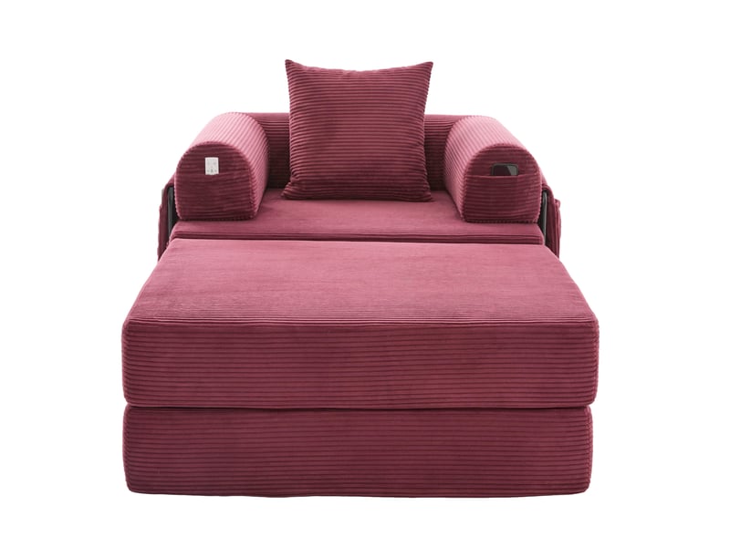  Fauteuil convertible 112x95 cm - rouge bordeaux - velours côtelé, coussin et poche de rangement latérale  - Conforama C