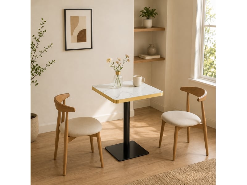  Table de salle à manger carrée pour 2 à 4 personnes avec pied central, effet marbre, mdf et métal blanc 60 × 60 × 74 cm  - Conforama E