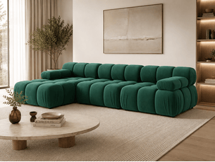 Canapé d’angle gauche modulable 3 places VENUS – velours vert – 282 × 155 cm