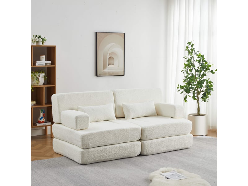  Canapé convertible 2 places 2 en 1-chauffeuse modulable pliable-chenille-lit d'appoint-cadre métal-compressé-beige  - Conforama B