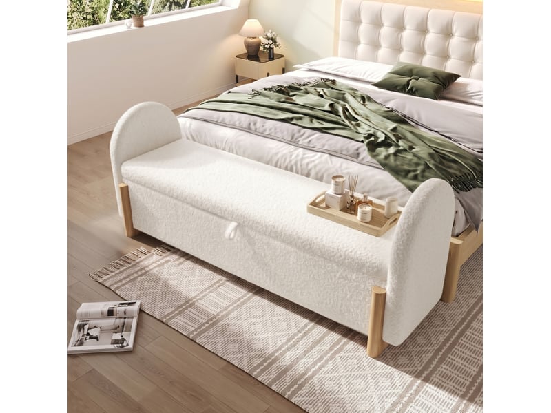  Banc coffre tcqpz 106 x 47 x 61 cm avec rangement hydraulique tissu chenille bouclette blanc  - Conforama D