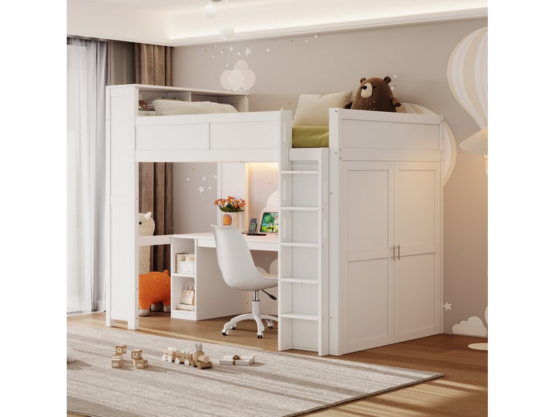  Lit mezzanine 90x200 cm avec bureau, rangements, armoire, usb et led blanc  - Conforama B