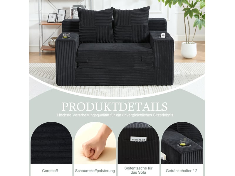  Canapé 2 places 151x133 cm – noir – velours côtelé, extension repose-pieds, coussins et porte-gobelet  - Conforama E