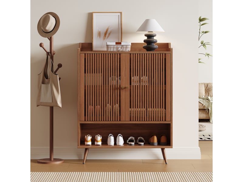  Meuble à chaussures 100cm noyer - meuble de rangement entrée avec portes rainurées et pieds en fer  - Conforama C