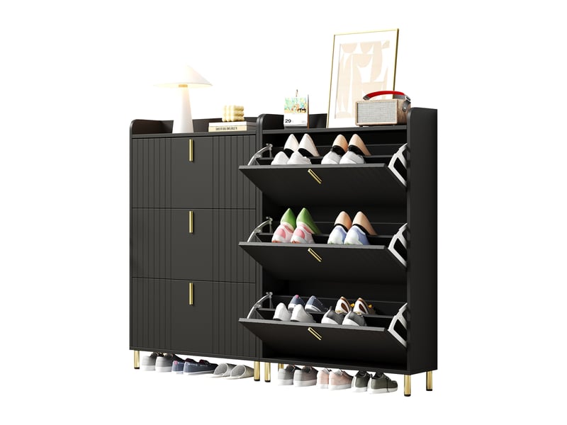  Meuble à chaussures noir mat 80x23x123,5 cm, 3 portes abattantes, rangement 6 niveaux, structure mdf pour entrée  - Conforama D