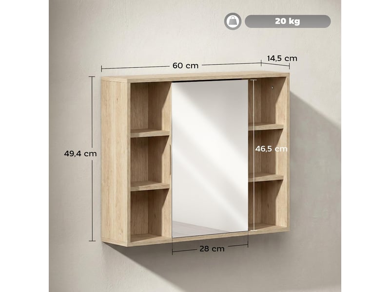  Armoire de salle de bain avec miroir 6 niches mdf bois naturel 60 x 14,5 x 49,4 cm  - Conforama C