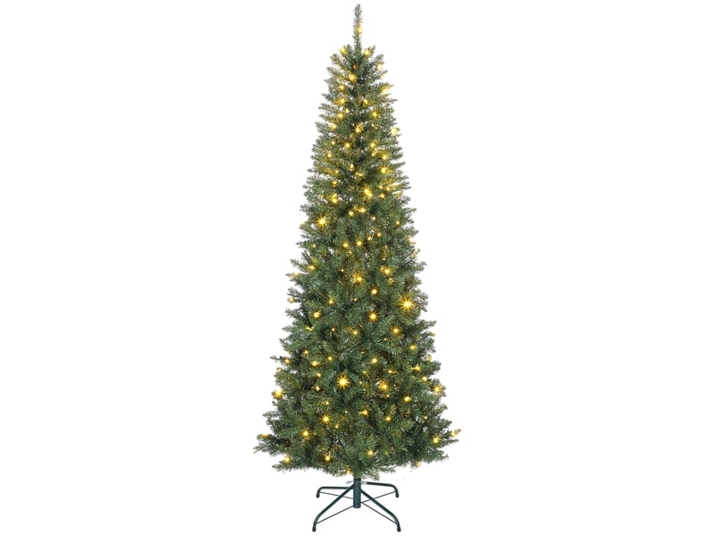  Sapin de noël artificiel 210 cm, arbre de noël fin avec 350 lumières, 1273 pointes, support en métal pliable, vert  - Conforama A