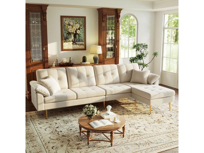Canapé d'angle 4 places en tissu cordon avec pouf flexible, convertible en l, coussins épais moelleux, pieds en fer 20 cm, 250 cm, pour salon - Conforama B