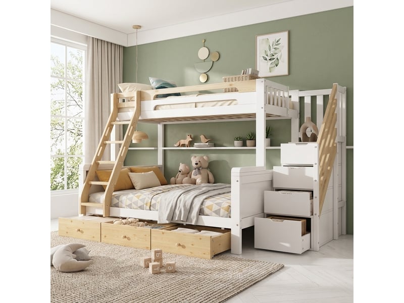  Lit superposé 90x200140x200cm avec escalier de rangement et 3 tiroirs, bois massif et mdf - blanc et naturel 253x145.5x162.5cm - Conforama E