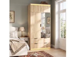 Armoire 2 portes avec penderie, miroir, led et 4 tiroirs homvra