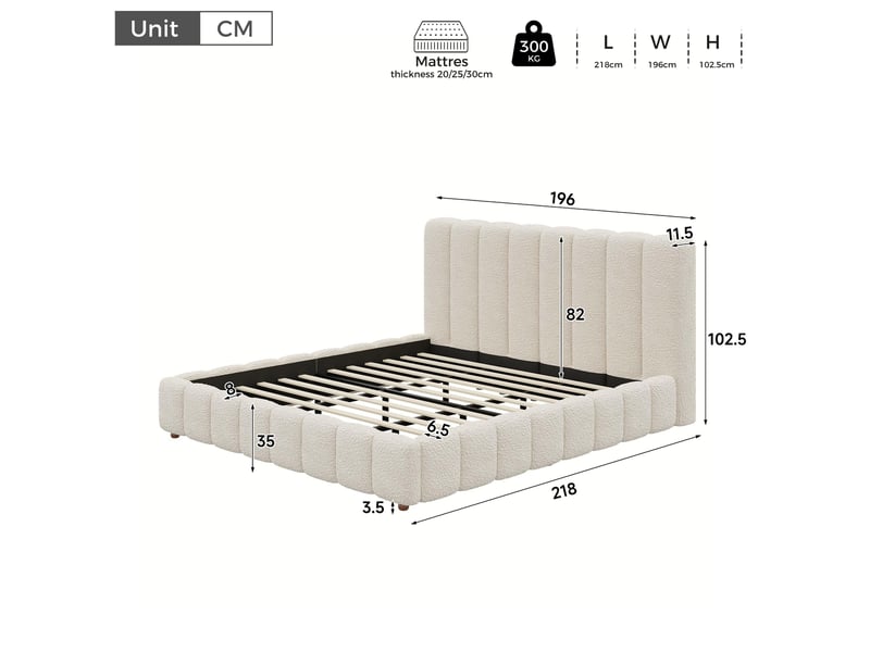  Lit double 180x200 cm en tissu bouclette blanc, tête de lit rembourrée et sommier inclus, sans matelas  - Conforama C