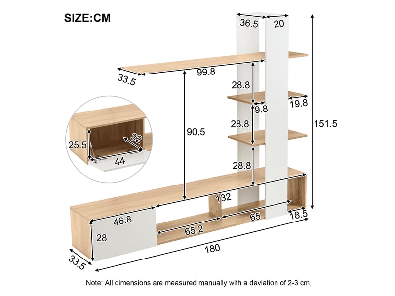  Meuble tv mural avec 1 porte et étagères pour salon en panneaux de particules 180×33,5×151,5 cm blanc et bois  - Conforama D