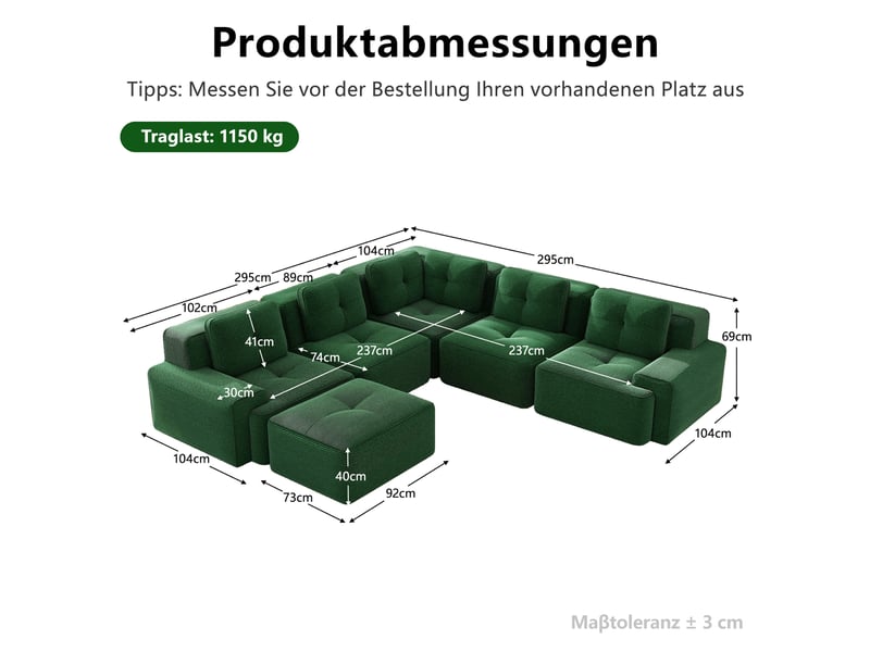  Grand canapé panoramique modulable velours côtelé vert – 295 x 295 x 69 cm Fay Lum - Conforama C