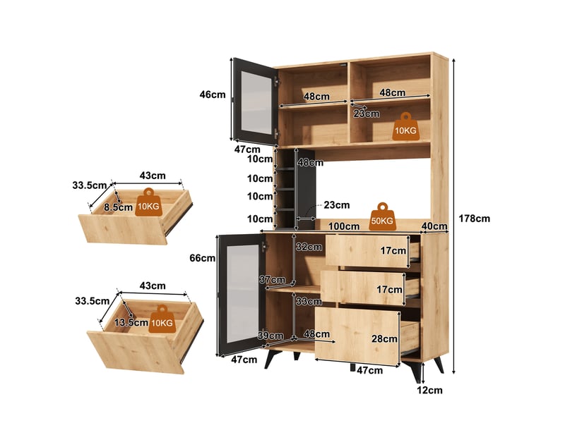 Armoire de cuisine haute 100x40x177,5cm, range-bouteilles, 2 portes en verre trempé, 3 tiroirs et étagères réglables, finition bois et noir, cuisine - Conforama D