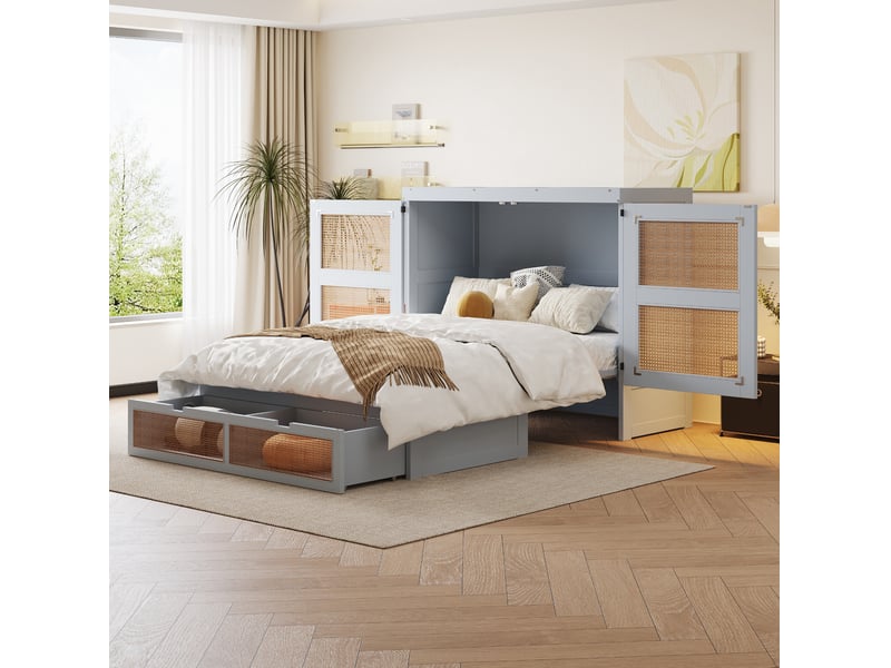  Lit escamotable vertical 140 x 200 cm gris avec sommier à lattes et tiroirs de rangement  - Conforama B