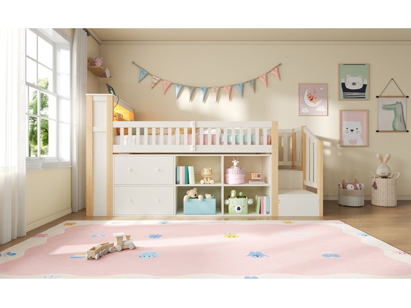 Lit mezzanine 90x200 cm, tiroirs et escalier, led et ports usb et type-c, en bois, naturel et blanc, sans matelas - Conforama D