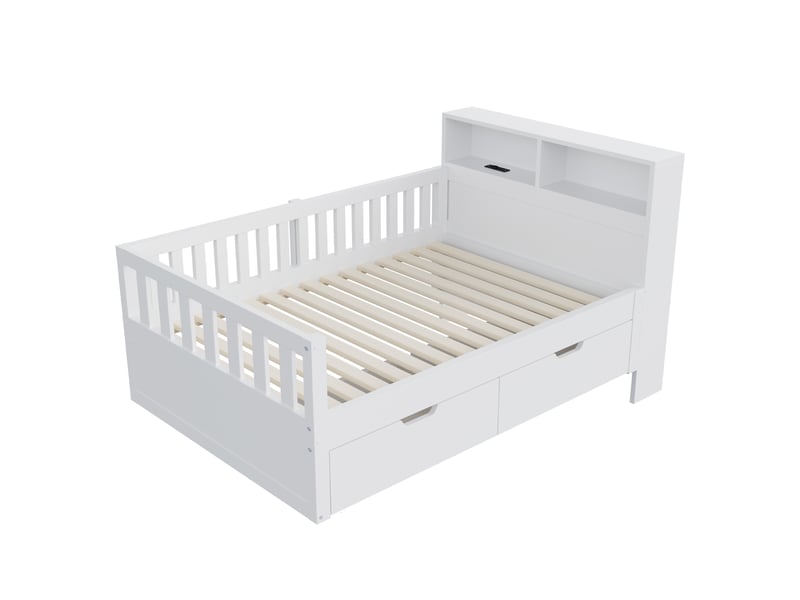 Lit d'enfant 90 × 200 cm, avec tiroirs, étagères et compartiments de rangement, prise électrique et éclairage led, blanc - Conforama E