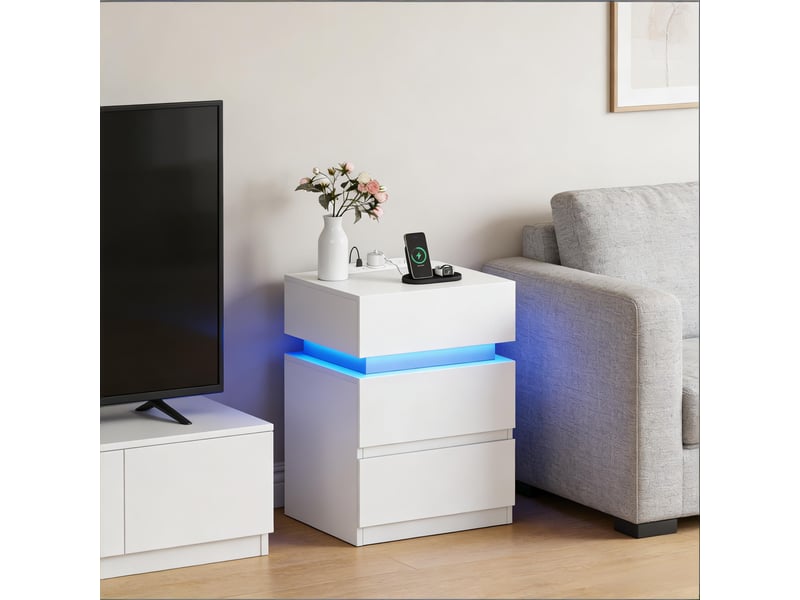  Table de chevet,40x35x55 cm,led, station de charge et 2 tiroirs,blanche  - Conforama B