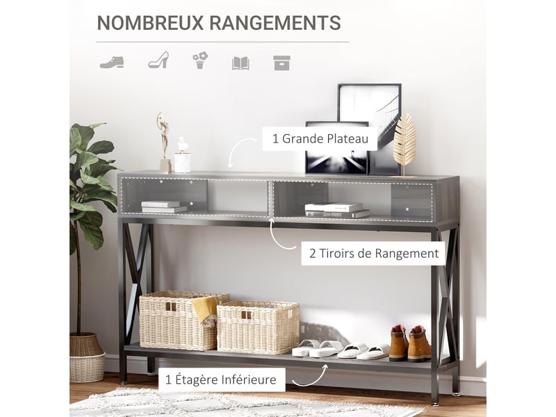  Table console table d'entrée industriel multi-rangements 120 x 23,5 x 75 cm gris bois  - Conforama A