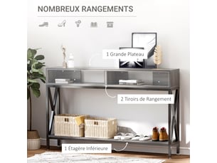Table console table d'entrée industriel multi-rangements 120 x 23,5 x 75 cm gris bois