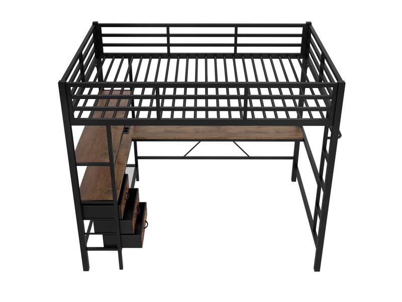  Lit mezzanine noir 140 × 200 cm, bureau, led, usb, 3 tiroirs et étagères  - Conforama E