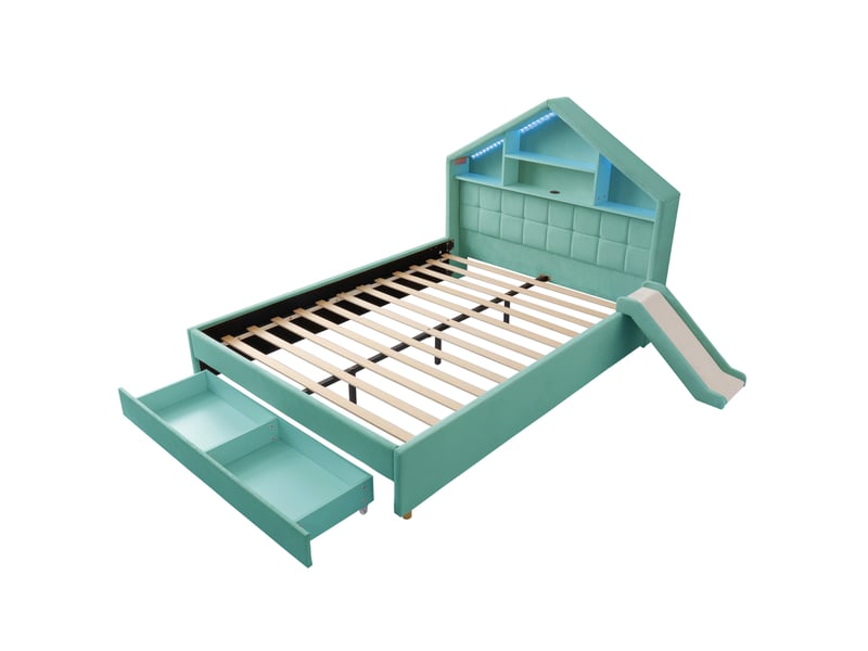 Lit cabane enfant 140 x 200 cm bleu-vert en velours, avec toboggan réversible et rangement en pied de lit - Conforama D
