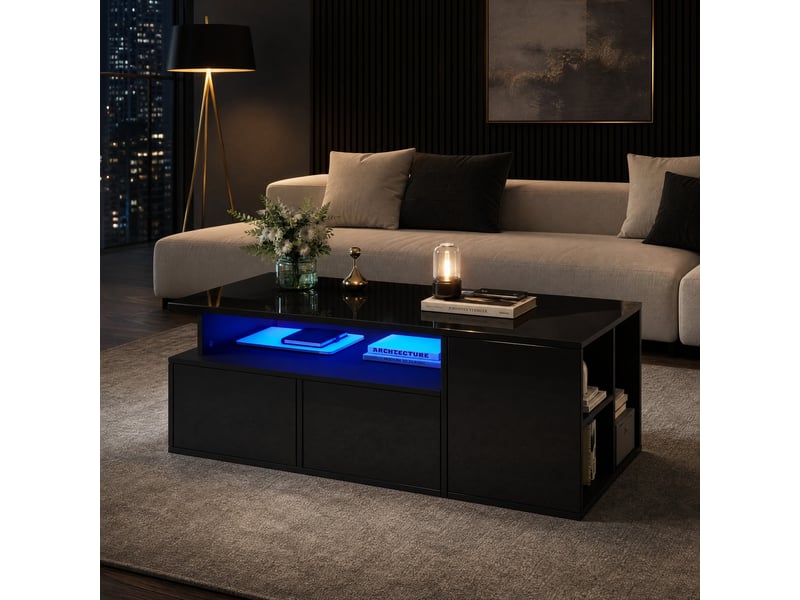 Table basse avec 2 tiroirs, 1 niche ouverte et 3 compartiments, led, pour salon, panneaux de particules, noir, 100 x 50 x 35 cm - Conforama B