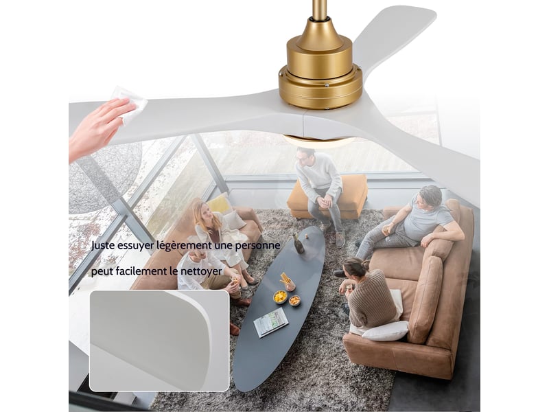 Ventilateur de plafond 132 cm, pales en bois massif blanc et or, avec lumière dimmable et télécommande pour salon et maison de campagne - Conforama C