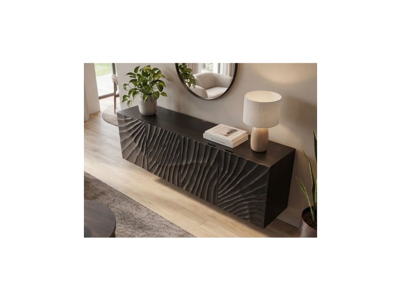 Buffet silva 177 cm en bois massif de manguier noir – 4 portes sculptées et façades en relief - Conforama E